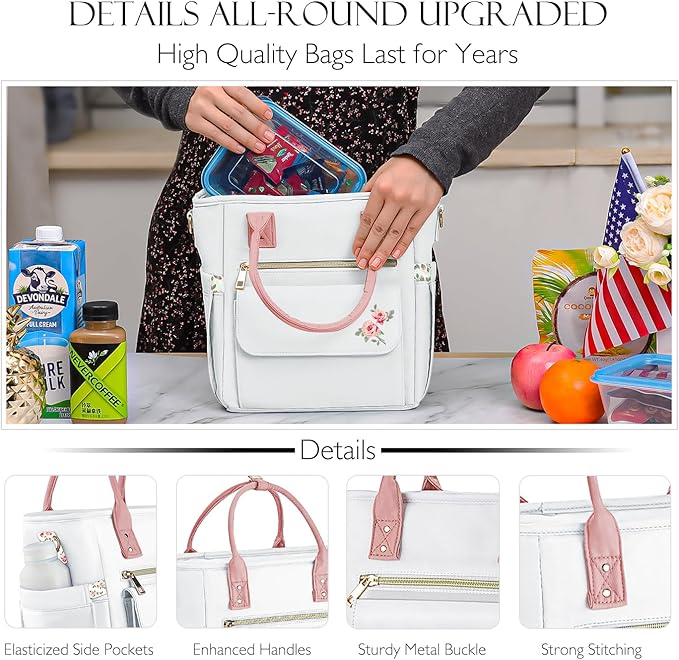 Deluxe Large Insulated Lunch Bag Box Women - Leakproof Waterproof Cooler with Multi Pockets Removable Strap for Work Picnic - Teacher Mothers Day Christmas Birthday Gifts