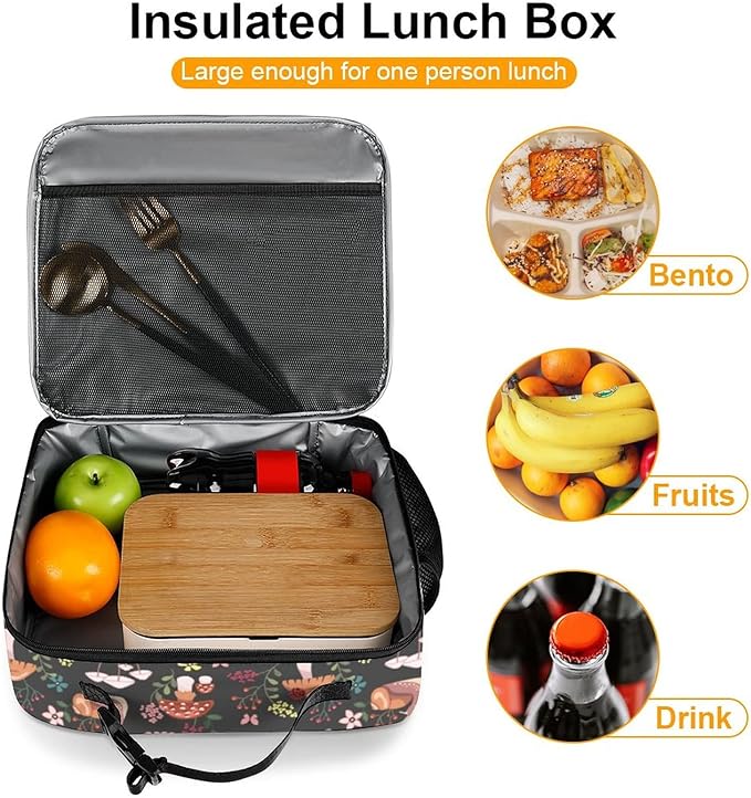 Mushrooms Snails Butterflies Reusable Lunch Box Insulated Lunch Bag Cooler Bag Lunchbox Meal Food Container Tote Bag for Women Kids Girls School Camping Hiking Picnic Beach Travel