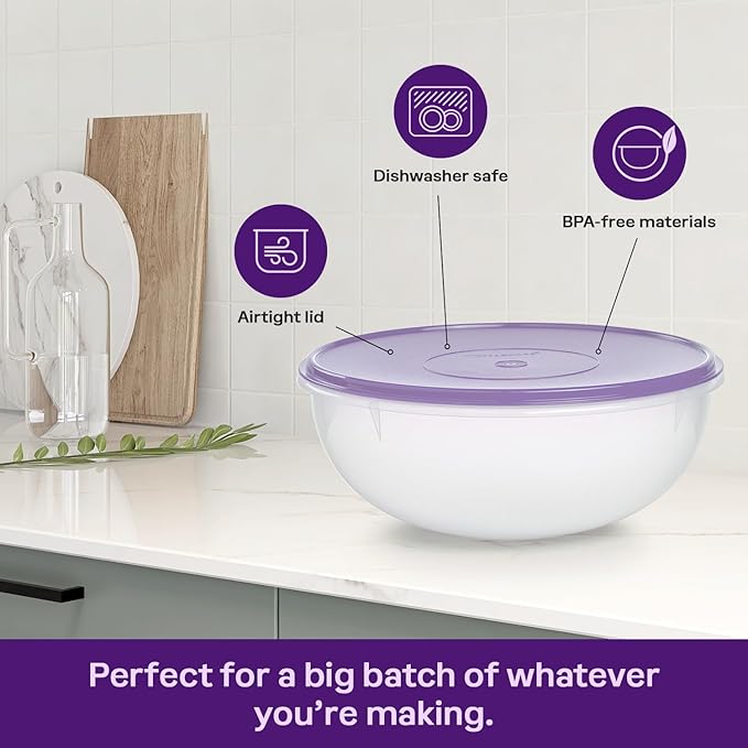 Tupperware Fix-N-Mix 1.7 Gallon Mixing Bowl, Clear with Sorbet Colored Airtight Lid, Dishwasher Safe and BPA Free (6.5 L)