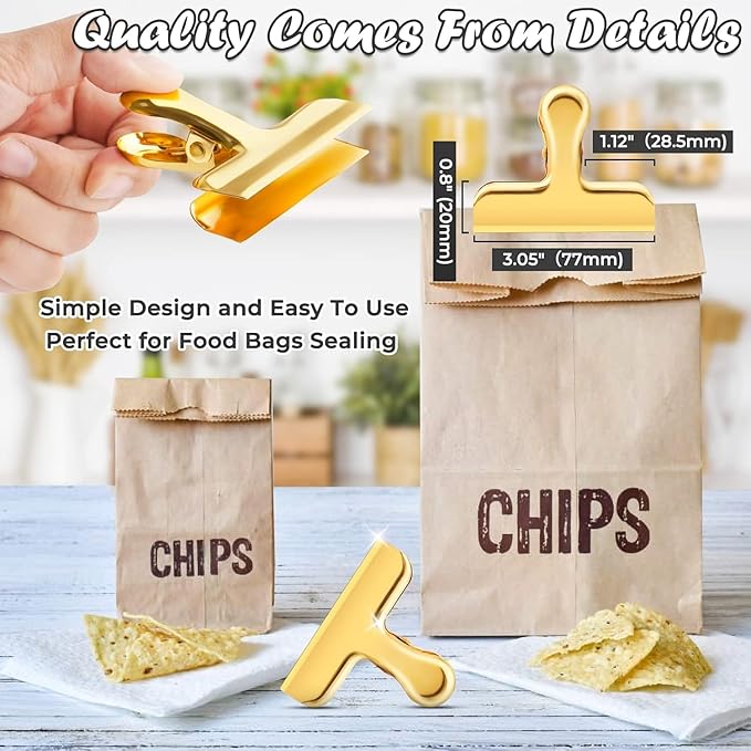 ANZNKU 24 Packs Gold Bag Clips for Food Packages, Chip Clips Bag Clips Food Clips, Stainless Steel Chip Clip for Food Packages, Bag Clips for Food Storage