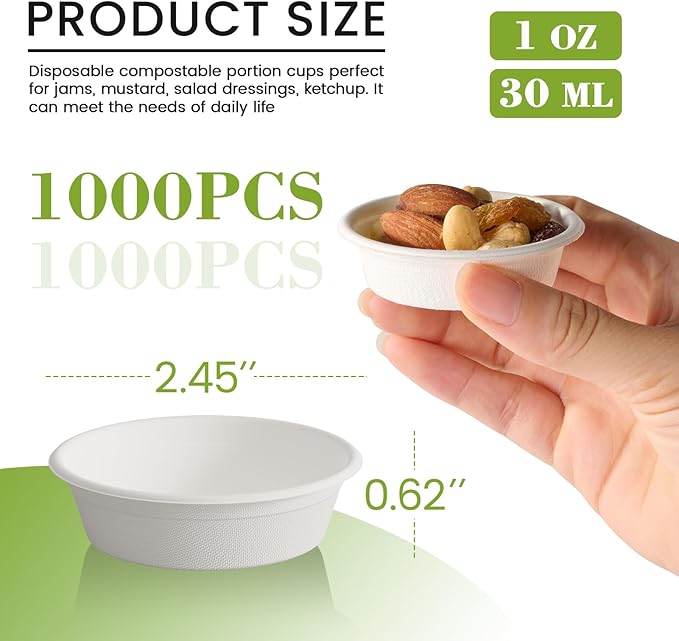 ECOLipak 1 oz Compostable Condiment Cups, 1000 Pack Biodegradable Bagasse Portion Cups for & Samples, Jello Shots, Tastings, Dessert, Juice, Souffle