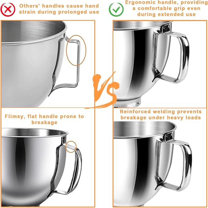5 QT Food-Grade 304 Stainless Steel Mixer Bowl Fit for KitchenAid Tilt-Head Stand Mixers, 4.5-5 Quart Replacement Mixing Bowl with Handle for Kitchen Aid Artisan&Classic Series, Polished & Rust-Proof
