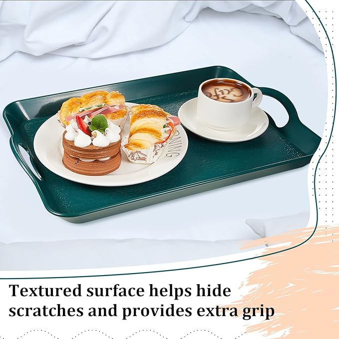 6 Pcs Serving Trays with Handles Trays for Eating 16 x 11 Inch Multi Purpose Plastic Tray Rectangular Anti Skid Decorative Food Tray for Restaurant Breakfast Countertop Party Kitchen (Green)