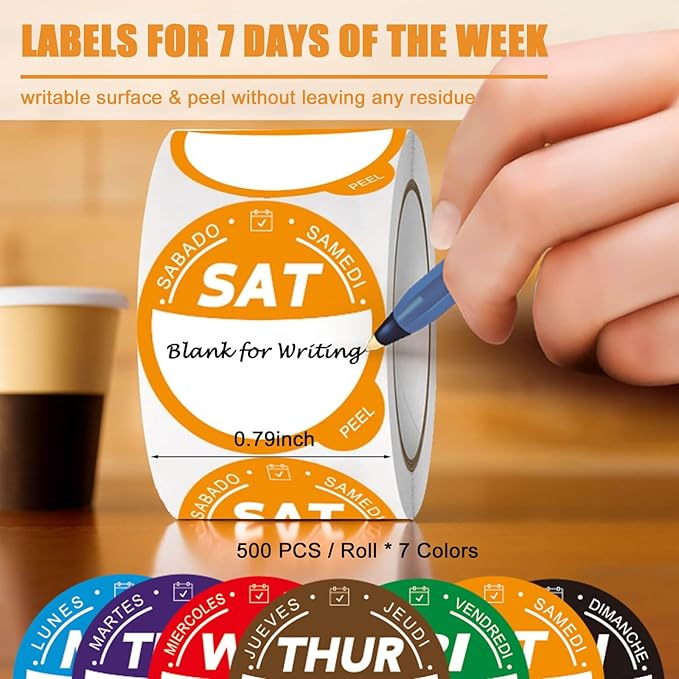 Label Stickers for Food Containers with Dispenser Box, Removable Day Dot Food Labels Peel Tab 7 Day of The Week for Home Freezer Restaurant Supplies Week Monthly Planners Meal Prep Accessory