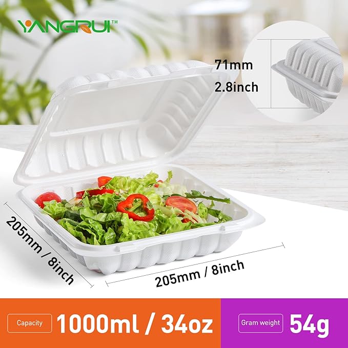 YANGRUI To Go Containers, Reusable Shrink Wrap 55 Pack 8 Inch MFPP Meal Prep Container BPA Free Microwave Freezer Safe Plastic Hinged Clamshell Take Out Boxes