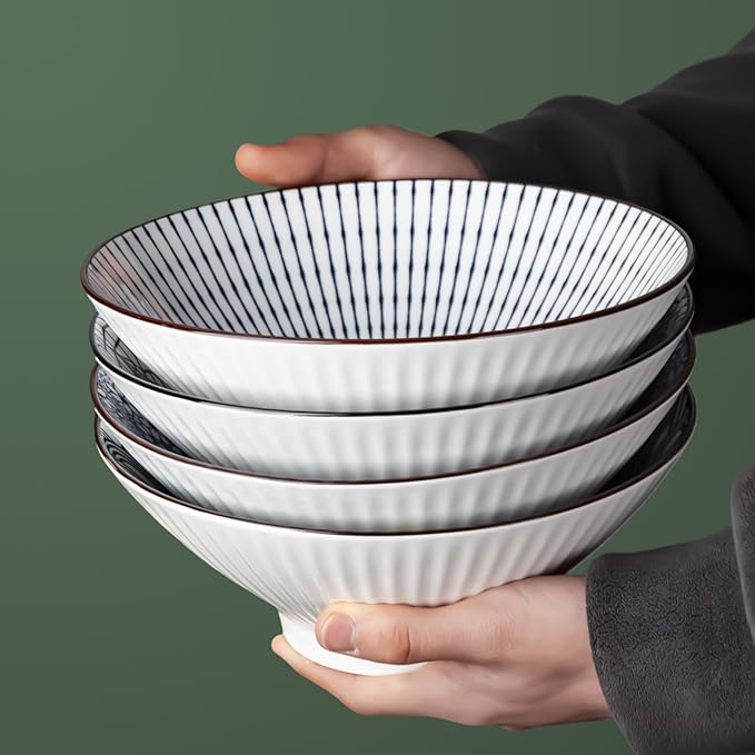 38 oz Japanese Ramen Bowl Set of 4 - Large 8 Inch Ceramic Soup Bowls, Blue and White Japanese Noodle Bowls for Pho, Ramen, and Cereal - 4 Mixing Patterns