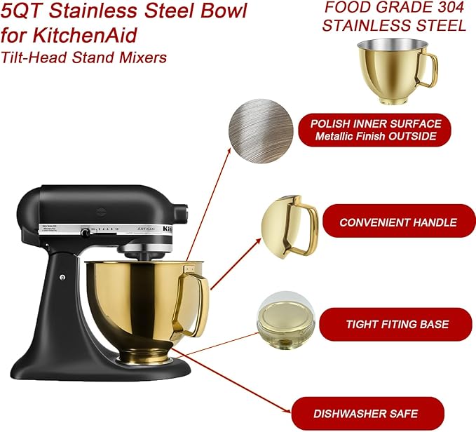 5 QT Stainless Steel Mixer Bowl Compatible with KitchenAid Artisan&Classic Series 4.5-5QT Tilt-Head Mixers K45 KSM70 KSM150 etc. Replacment for KitchenAid Mixer Bowl(Heavy Duty Radiant Gold)