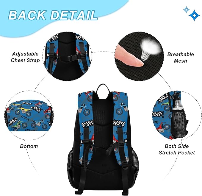 Emelivor Motorcycles Kids Backpack for Girls Boys School Bookbag with Insulated Lunch Box for Hight Middle School Book Bag