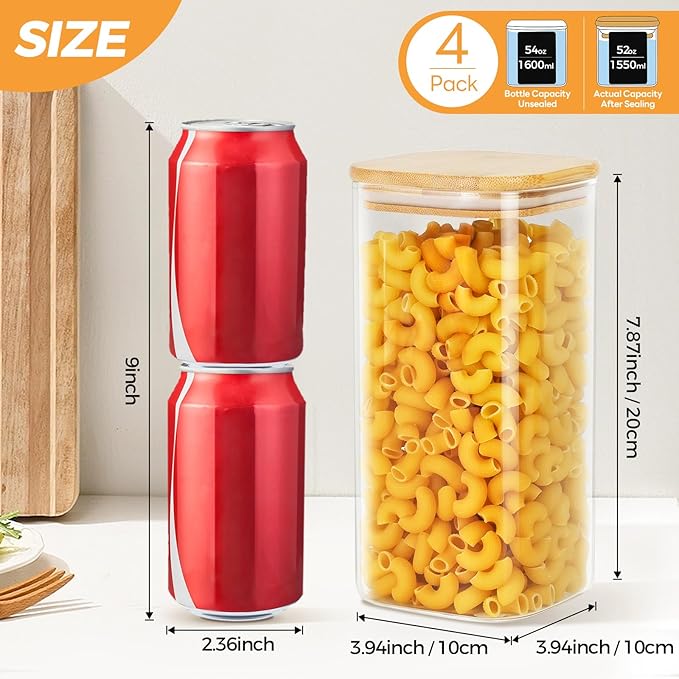 Glass Jars with Airtight Lid,Glass Storage Jars with Bamboo Lid, 54oz Set of 4 Glass Canisters with Airtight Lids, Square Glass Kitchen Storage Containers Jars,Pasta Containers