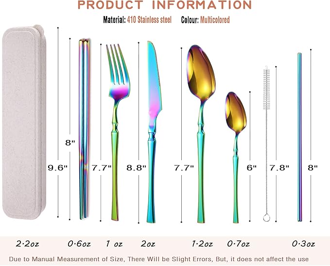 AARAINBOW 7 Pieces Stainless Steel Flatware Set Portable Reusable Cutlery Set Travel Utensils Set Including Chopsticks Knife Fork Spoon Straws Cleaning Brush Dishwasher Safe (B-Multicolored)