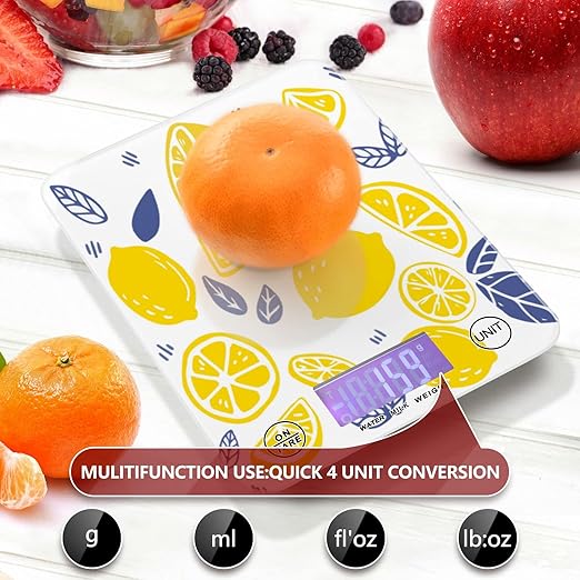 Food Scale Kitchen Digital Scale Food Ounces and Grams Dieting Baking Cooking Waterproof Glass Panels LCD Display,4 Units Scale Tare Function Lemon
