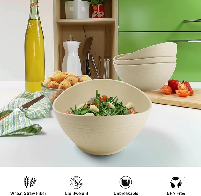 Large Bowls 65 OZ Wheat Straw Bowls Set of 4, Unbreakable Salad Bowl, Microwave & Dishwasher Safe, Kitchen Serving Bowl for Salad, Cereal, Soup and Oatmeal (Beige)