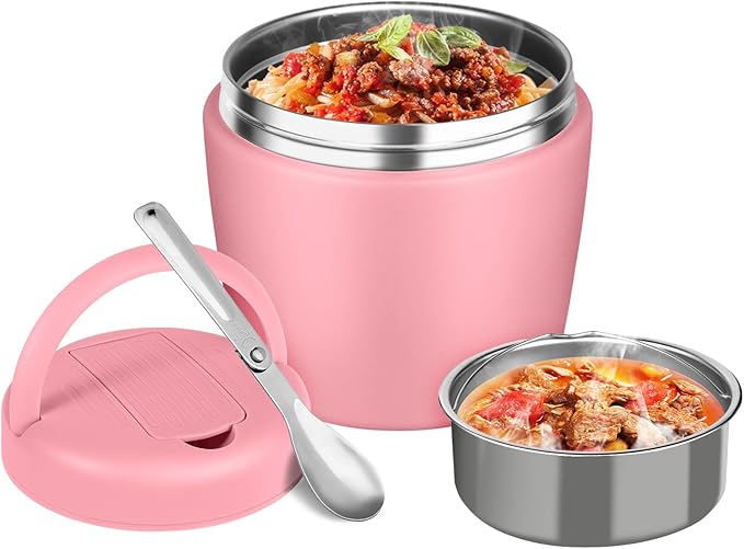 Thermo for Hot Food 32oz, Vacuum Insulated Food Jar for Adults, Stainless Steel Soup Thermo Wide Mouth Leakproof Lunch Containers with Spoon for School Office, Pink
