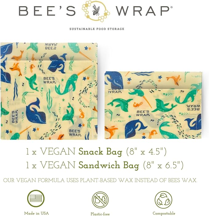 Bee's Wrap Vegan Beeswax Wraps for Food - Under the Sea Sandwich Bag & Snack Bag, Made in USA Reusable & Organic Food Wraps, Sandwich Wrap - Eco-Friendly Alternative to Aluminum Foil & Plastic Wrap