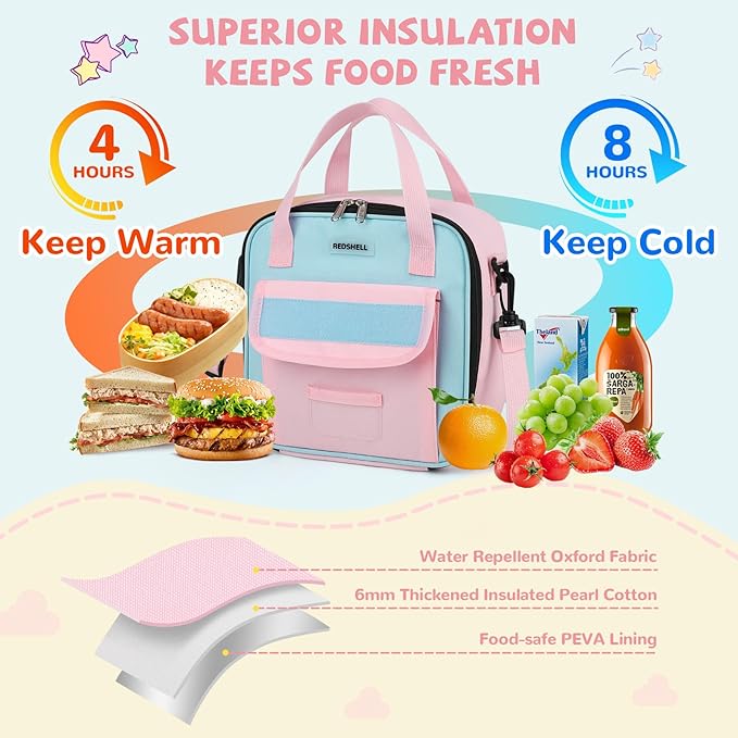 REDSHELL Tactical Lunch Box Kids, Large Insulated Lunch Bag for Girls, Cooler Lunchbag, Square Toddler Lunchbox, Back to School Daycare Lunch Tote Pail with Water Bottle Holder Shoulder Strap, Pink
