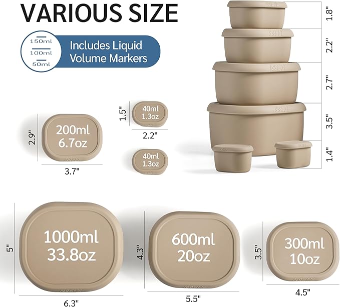 ISSEVE 6Pcs/Set Nesting Silicone Food Storage Containers with Lids, BPA Free Reusable Meal Prep Silicone Containers Lunch Box Bento Box Set (33.8oz, 20oz, 10oz, 6.7oz, 1.3oz) (Beige)