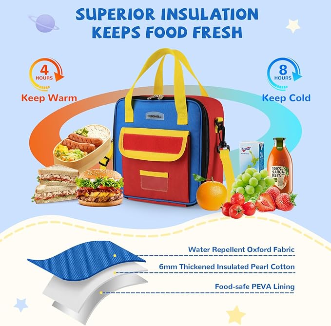 REDSHELL Tactical Lunch Box Kids, Large Insulated Lunch Bag for Boys Girls, Cooler Lunchbag, Square Toddler Lunchbox, School Daycare Lunch Tote Pail with Water Bottle Holder Shoulder Strap, Red Blue