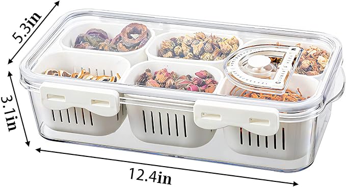 MineSign 2Pack Divided Food Serving Tray with Lids Stackable Snackle Box for Candy Nuts Spice Fruit&Veggie Container with 6 Small Dividers Plastic Storage Bins for Fridge Pantry Freezer