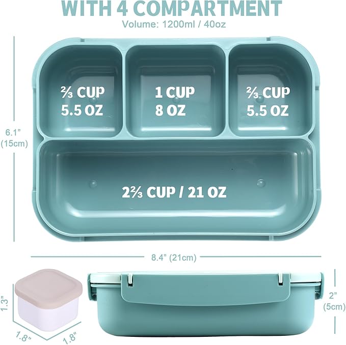 Bento Box Adult Lunch Box, Lunch Containers for Kids Girls Boys with 4 Compartments, Lunchable Food Container with Utensils, Sauce Jar, Muffin Liners, 40 Oz/5 Cup, Light Teal