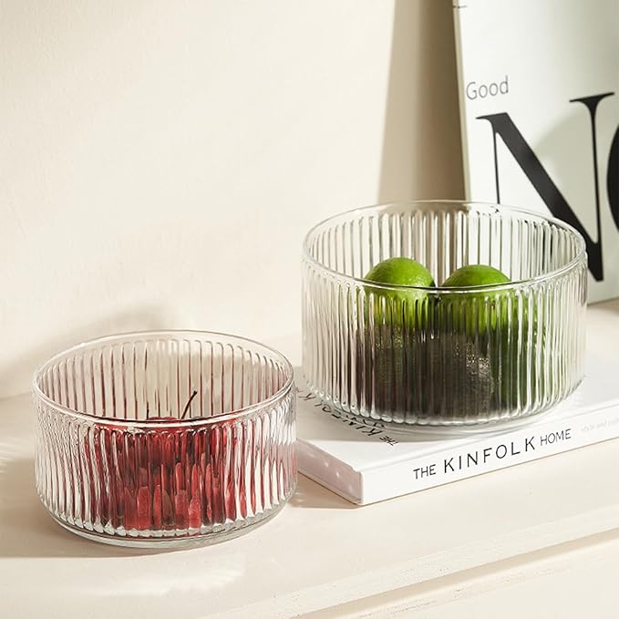 Ribbed Glass Salad Bowl with Wooden Stand – Large Mixing Bowl for Serving Salad, Fruits, Pasta & Desserts – Elegant Glass Serving Bowl with Natural Bamboo Holder – Modern Kitchen & Dining Tableware