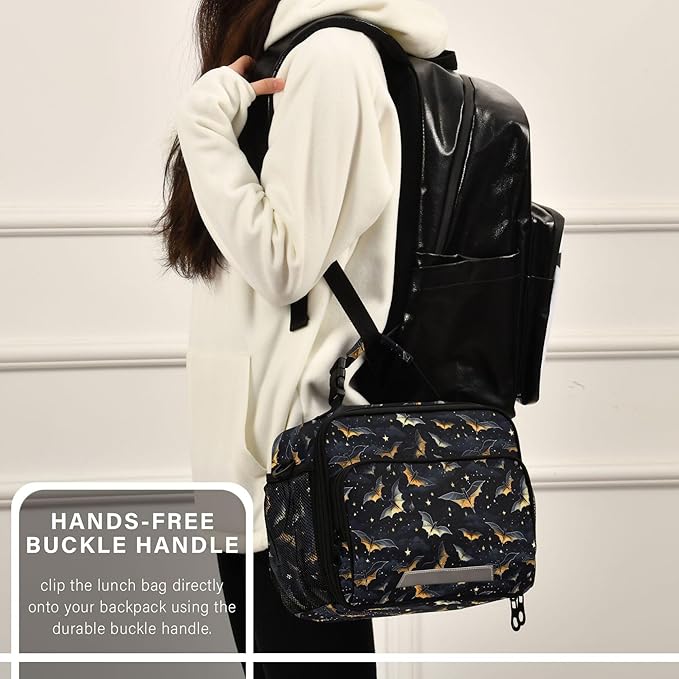 MNSRUU Student Lunch Bag Gothic Skull Bat Insulated DinnerTotes Picnic Bag Lunch Box with Adjustable Shoulder Strap for Teen Kids Adults