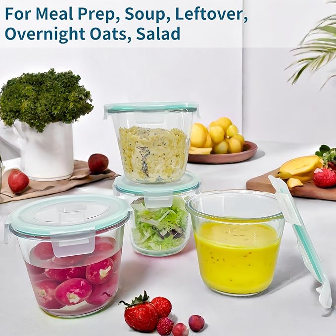 Qxbekmor 4 Packs Glass Soup Storage Containers with Airtight Lids, Leak-proof 3 Cup Freezer Food Storage Jars, Great for Lunch, Meal Prep, Leftover, Overnight Oats, Microwave and Dishwasher Safe