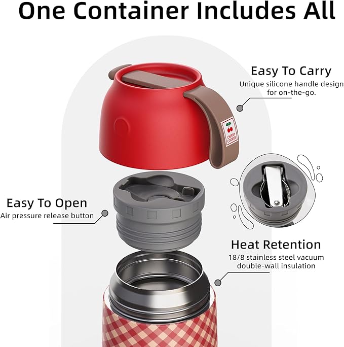 Thermo for Hot Food for Adults Kids | Wide Mouth, 18 oz Insulated Food Jar with Spoon, Leakproof Soup Thermo for School Office Travel, Thermal Steel Lunch Container Easy to Carry (Red)