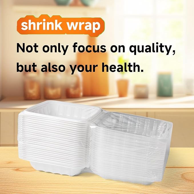 YANGRUI To Go Containers, Reusable Anti-Fog Shrink Wrap 25 Pack 8 Inch 34 OZ White Plastic Meal Prep Boxes BPA Free Microwave Freezer Safe Hinged Clamshell Take Out Container