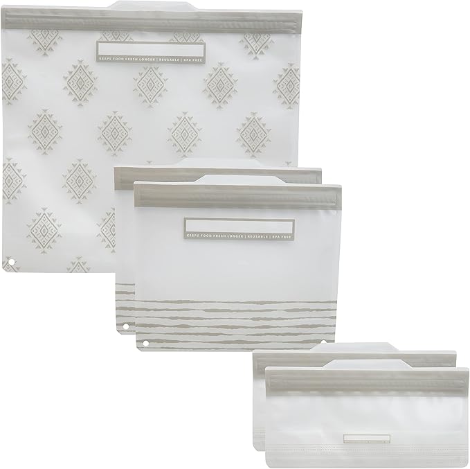 Kitchen Details 5 Piece Set Reusable Bags | 1 Gallon, 2 Sandwich and 2 Snack Sized | Airtight Zipper Seal | Leak Proof | BPA Free | Food Safe Material | Food Storage | Freezer Safe | Grey
