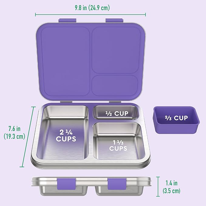 Bentgo Kids Stainless Steel Leak-Resistant Lunch Box - 3-Compartments with Bonus Silicone Container, Durable, Eco-Friendly, Dishwasher Safe, BPA-Free, Ideal for School, Ages 3+ (Purple)