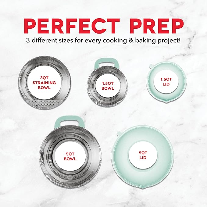 DASH Stainless Steel Mixing Bowls with Lids, Silicone Non-Slip Base with Measuring Lines and Strainer, 3 Bowl Set - 1.5 Quart, 3 Quart, & 5 Quart - Aqua