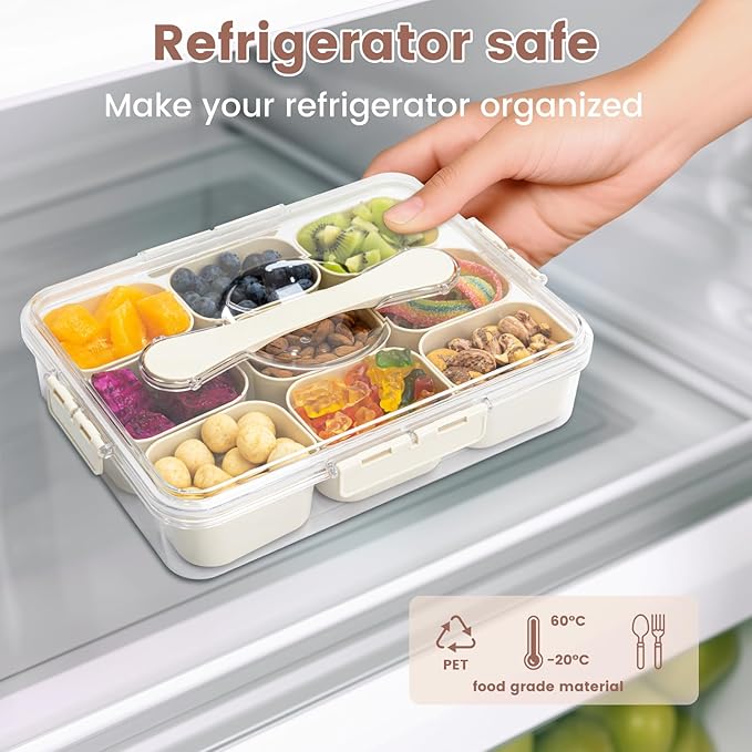 Snack Box Container, Portable Travel Charcuterie Board with Lid, Refrigerator Food Storage Box, Snack Organizer, Divided Storage Containers, chopped salad box (2 pack 9 Compartment)