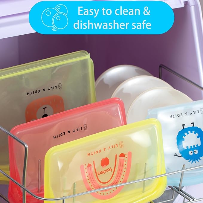 LILY & EDITH Dino Reusable Sandwich Bag/Snack Bag, Reusable Silicone Bag, Travel Pouch, BPA Free, Food-Safe Storage, Leakproof, Airtight, Dishwasher & Microwave & Freezer Safe, Cook, Store (2pk)