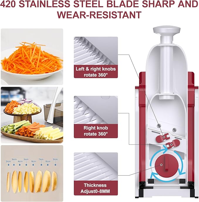 5 in 1 Safe Mandoline Slicer for Kitchen, Safe Vegetable Chopper with Paring Knife, Adjustable Thickness, Easy to Clean, Vegetable Slicer, Slicing, Strips, Shredding, Dicing, Chop (RoseRed)
