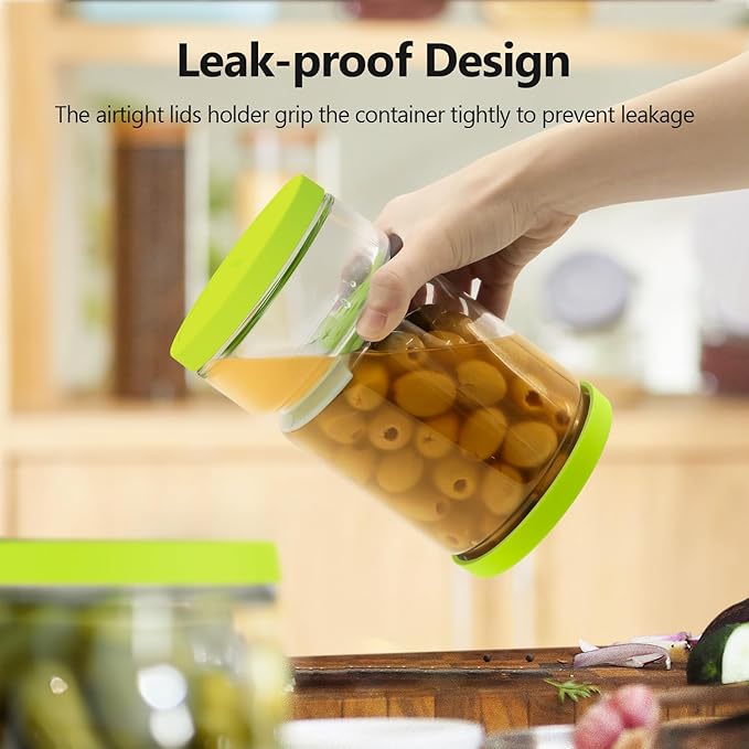 Glass Pickle Container with Strainer for Pickle Lover - 45 OZ Leakproof Juice Separator Jar for Gherkin, Olive or Chilli, Dishwasher and Refrigerator Safe, BPA Free (Green, 45 oz*2 pcs)