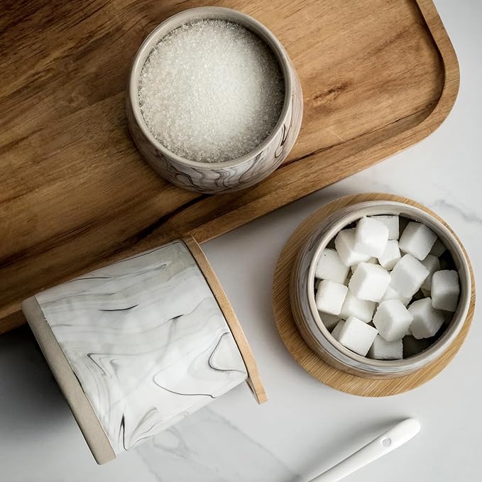 Sugar Jar Salt Container with Spoon, Condiment Spice Jars with Wooden Lids, Ceramic Sugar Bowls Canisters for Coffee Bar Station Kitchen Storage for Candy, Coffee Bean, Pepper - Marble Design