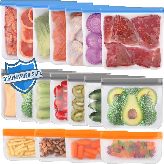 Lerine 18 Pack Dishwasher Safe Reusable Bags, Leakproof Reusable Freezer Bags, BPA Free Food Storage Bags for Lunch Marinate Food Travel - 7 Gallon 7 Sandwich 4 Snack