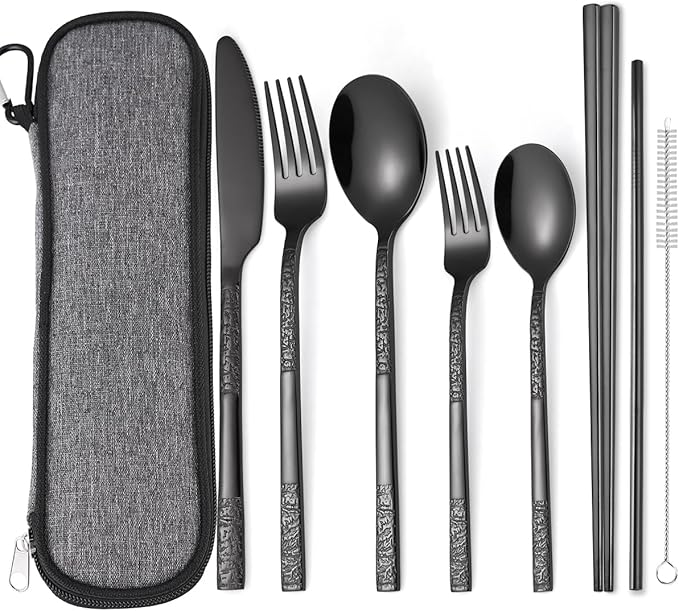 MURRI&MURRDI 8 Pieces Portable Reusable Cutlery Set,Travel Utensils Set with Case, Stainless Steel Flatware Set Including Knife Fork Spoon Chopsticks Straws Brush,Dishwasher Safe (C Black)