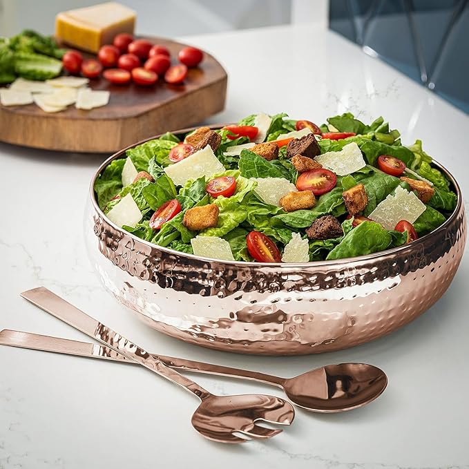 Copper Salad Bowl and Serving Utensils - Hammered Detailing - Stainless Steel Mixing Bowls with Lids- Luxurious Serving Bowls (12" Rose Gold Hammered Salad Bowl)