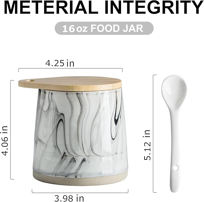 Sugar Jar Salt Container with Spoon, Condiment Spice Jars with Wooden Lids, Ceramic Sugar Bowls Canisters for Coffee Bar Station Kitchen Storage for Candy, Coffee Bean, Pepper - Marble Design