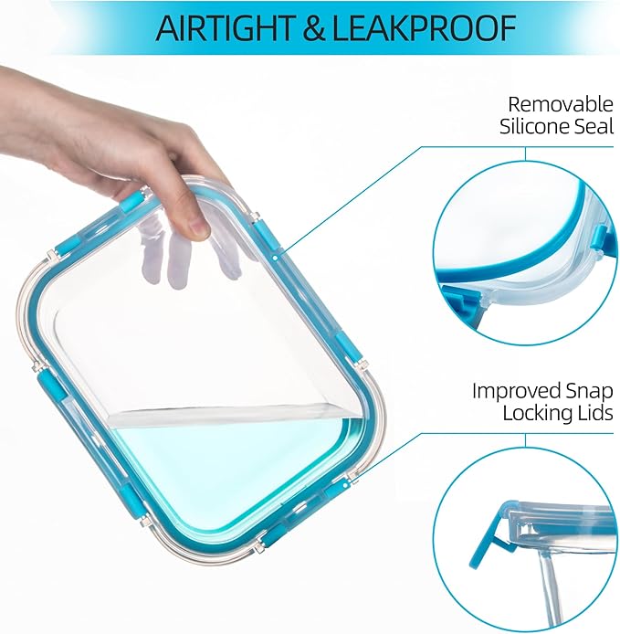 10 Pack Glass Food Storage Containers with Airtight Lids, Ideal for Meal Prep, Lunches - Microwave and Dishwasher Safe, Blue