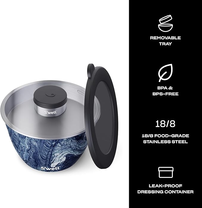 S'well Stainless Steel Salad Bowl Kit - 64oz, Azurite - Comes with 2oz Condiment Container and Removable Tray for Organization - Leak-Proof, Easy to Clean, Dishwasher Safe
