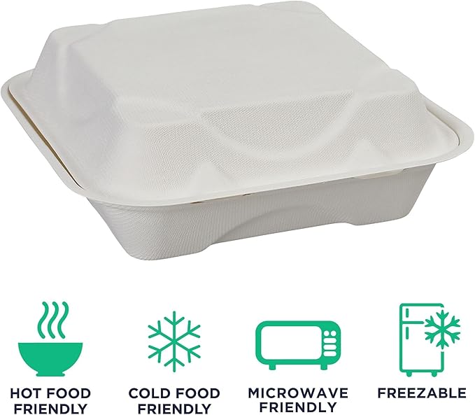 ECO PRODUCTS Compostable Vanguard 8" Clamshell To Go Containers, Case of 200, 3 Compartment, Square Take Out Food Box, White Renewable Molded Fiber, No-Added PFAS, ASTM Compliant, BPI-Certified