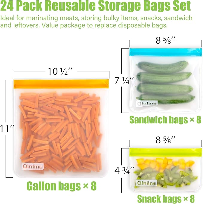 Reusable Food Storage Bags - 24 Pack Freezer Bags, Reusable Bags Silicone, Extra Thick Leakproof Reusable Lunch Bag for Salad Fruit Marinate Meats - 8 Gallon 8 Sandwich 8 Snack Bags