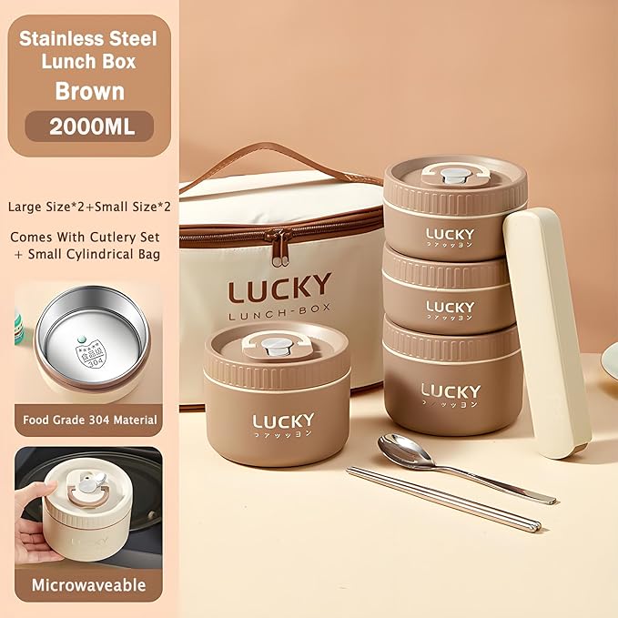Stainless Steel Lunch Box, 3-Tier Insulated Bento Box Microwave Safe Soup Bowl for Adults, Thermal Food Container for Office Workers (Brown, 1pcs, 400ml)