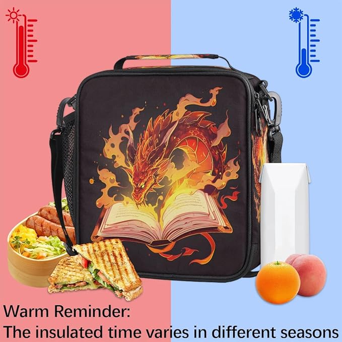 Kids Lunch Box for Boys Girls Magic Book Dragon Lunch Bag for Kids Insulated Lunch Bag Tote with Adjustable Shoulder Strap Teens Lunchbox Cooler School Picnic