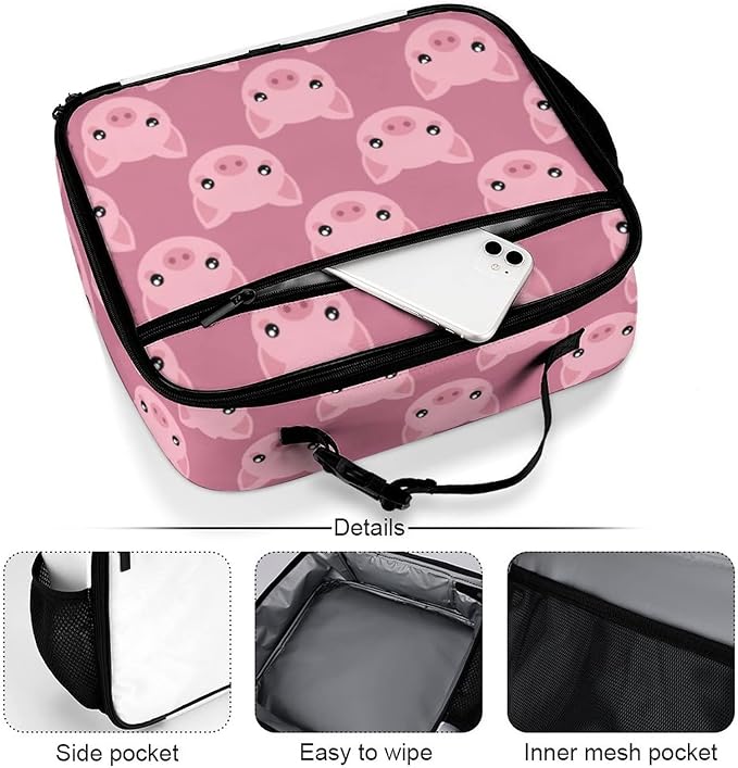 Pink Pig Reusable Lunch Box Insulated Lunch Bag Cooler Bag Lunchbox Meal Food Container Tote Bag for Women Kids Girls School Camping Hiking Picnic Beach Travel