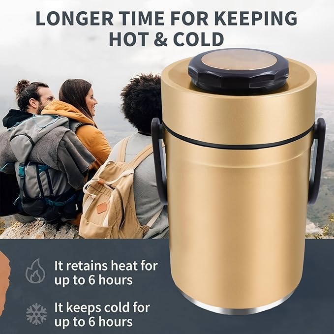 67oz Thermos for Hot Food, 3 Layered Stackable Insulated Lunch Box, Soup Thermos Jar Comes with an insulated bag, suitable for office lunches and outdoor dining, among other uses (Gold)