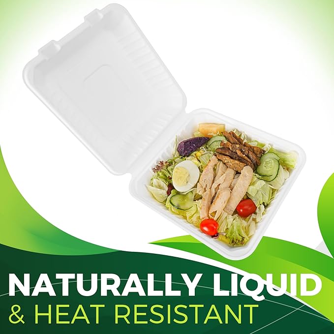 75 Pack 8”x8” Take Out Containers with Lids, EXTRA Sturdy To Go Food Containers, 100% Compostable Clamshell Take Out Containers, To Go Boxes for Food