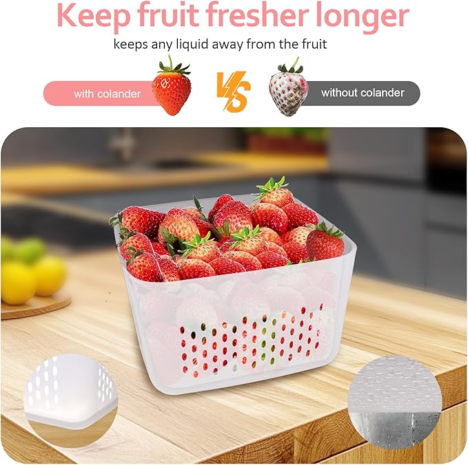 6 PCS Fruit Storage Containers for Fridge with Lids, BPA-Free, Produce Storage Containers with Removable Colander, Dishwasher & Microwave Safe for Salad Berry Lettuce Keeper